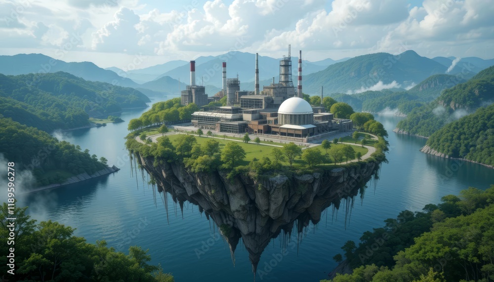 A surreal floating industrial island with smoke chimneys contrasts pollution and environmental harmony A surreal floating industrial island with smoke chimneys contrasts pollution and environmental harmony