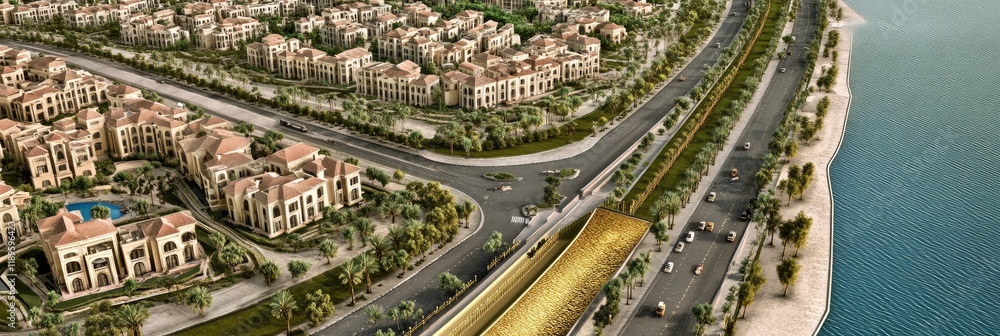 Aerial View of Coastal Urban Development Featuring Roads and Waterfront Promenade. Aerial View of Coastal Urban Development Featuring Roads and Waterfront Promenade.