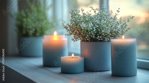 Decorative plant in a pot with candles glowing at sunset in a cozy indoor set...