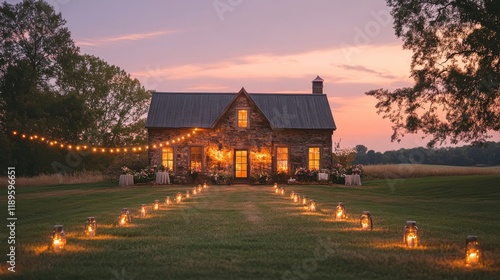 Charming barn venue decorated with string lights for an evening celebration i...