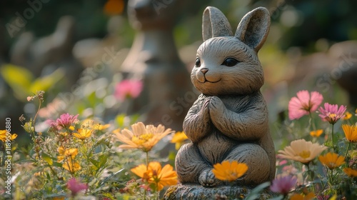 Garden serenity with stone cat sculptures surrounded by blooming flowers and ...