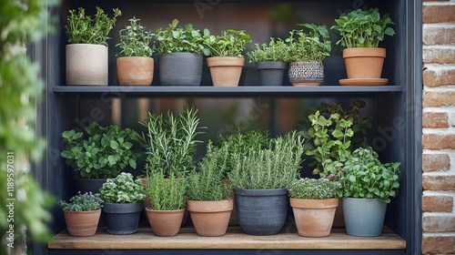 Shelf filled with various potted herbs and plants in sunny indoor setting