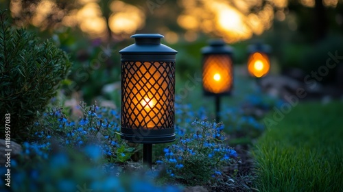 Softly glowing lanterns line a tranquil garden path during twilight in a sere...