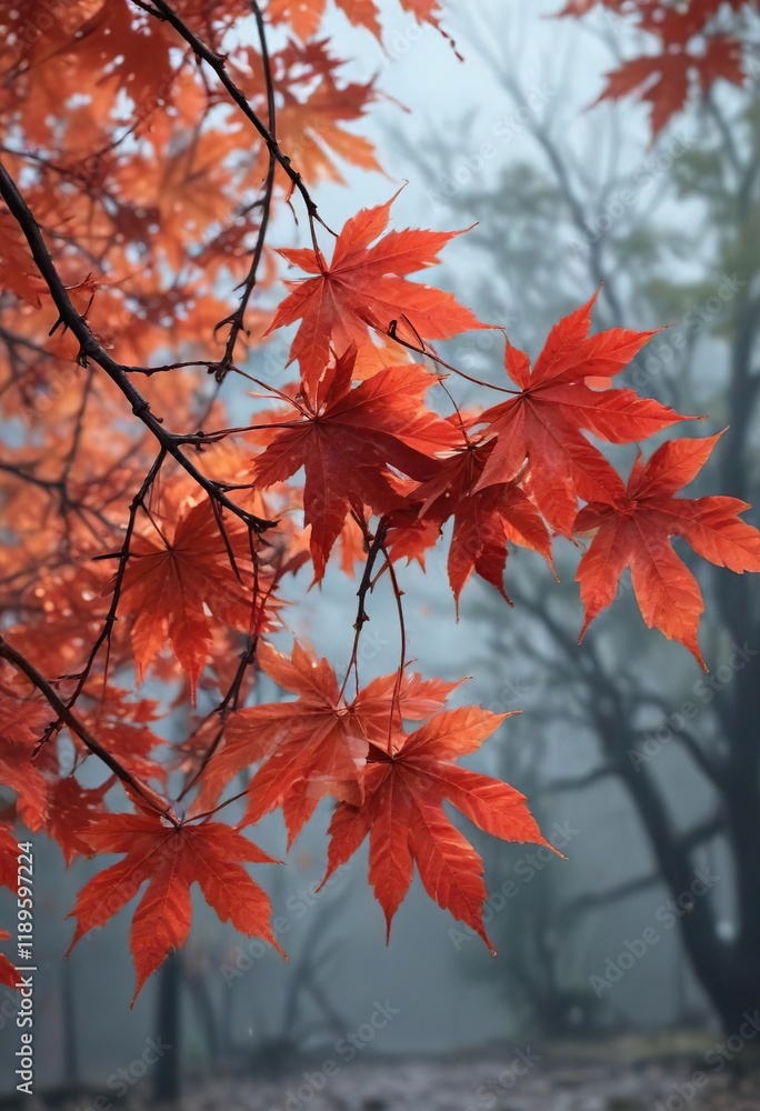 Red maple leaves fall from tree branches in rainy weather , foliage, falling leaves Red maple leaves fall from tree branches in rainy weather , foliage, falling leaves