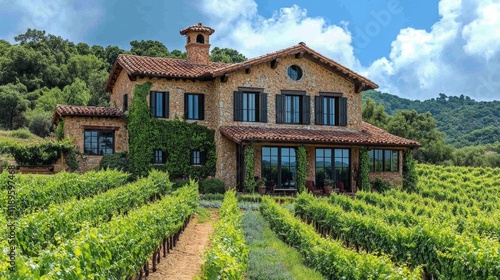 Beautiful vineyard estate surrounded by lush green hills and blue skies