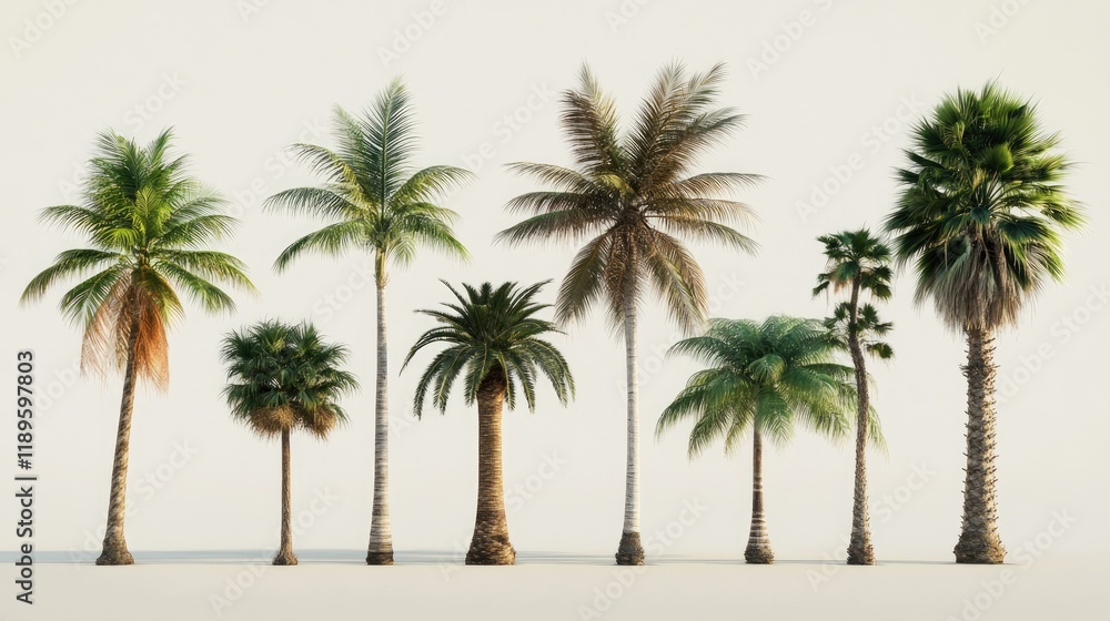 Collection of Diverse Palm Trees Against a White Background Collection of Diverse Palm Trees Against a White Background