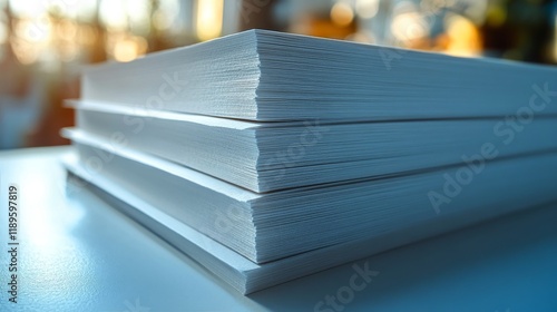 Stacked sheets of blank paper on a table in a bright workspace during day
