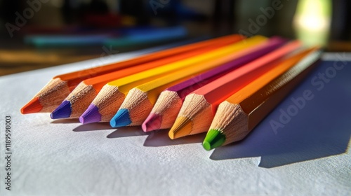 Colorful colored pencils arranged in a line on white paper during daylight hours