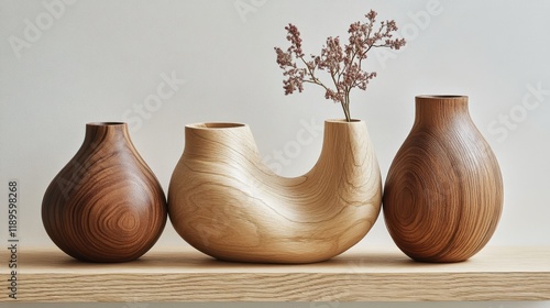 Elegant wooden vases showcasing minimalist design with decorative flowers pla...