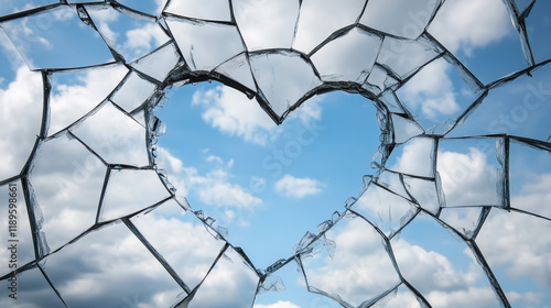 Shattered glass forming a heart shape against a serene sky. Concept of a broken heart, love, heartbreak, valentine. Generative AI photo