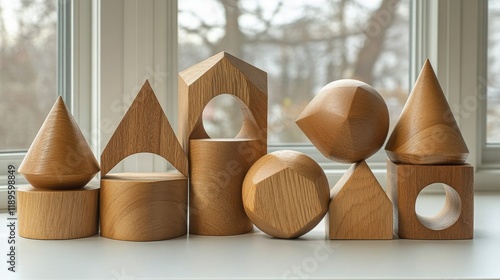 Various wooden geometric shapes arranged on a light surface in a creative dis...
