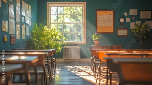 Sunlight streaming through windows in a historic classroom setting with woode...