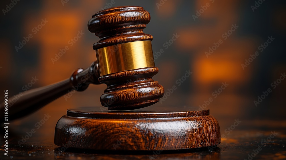 Close-up of a judge's gavel on a wooden block. Close-up of a judge's gavel on a wooden block.