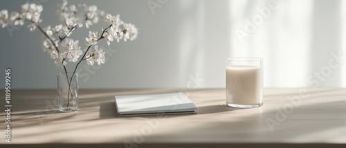 Wooden table with a vase of white flowers on the left side and a glass of milk on the right side. the vase is made of clear glass and has a thin stem with small white flowers. photo