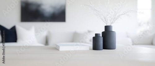 Wallpaper Mural Modern living room with a white sofa and a black and white abstract painting hanging on the wall. on the table in front of the sofa, there are two black vases with white branches in them. Torontodigital.ca
