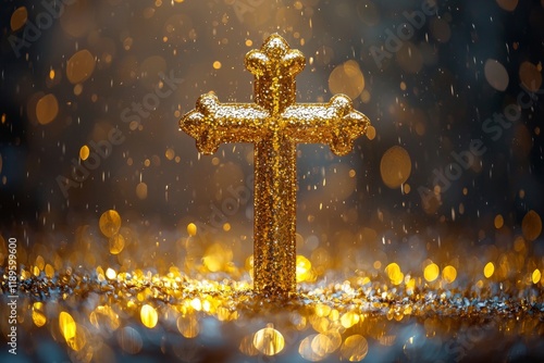 A Christian cross set against a beautiful gold bokeh background