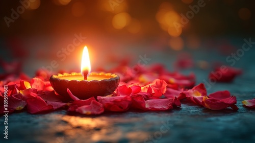 Decorative oil lamp surrounded by rose petals creating a warm atmosphere duri...