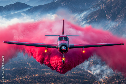 Air tanker drops vibrant pink fire retardant over wildfire-stricken mountains. photo