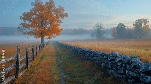 Misty morning landscape with vibrant autumn tree and rustic stone wall