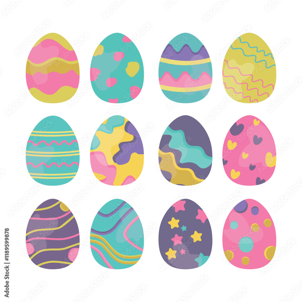 A collection of colorful Easter eggs featuring unique decorative patterns in pastel shades. The designs include stripes, dots, stars, hearts, and swirls, showcasing a playful and vibrant style. A collection of colorful Easter eggs featuring unique decorative patterns in pastel shades. The designs include stripes, dots, stars, hearts, and swirls, showcasing a playful and vibrant style.