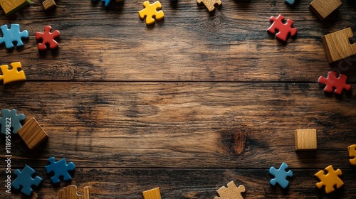 Creative playtime with colorful building blocks and a wooden structure on a t...
