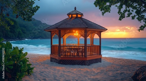 Relaxing gazebo on a sandy beach at sunset with vibrant colors in the sky and...