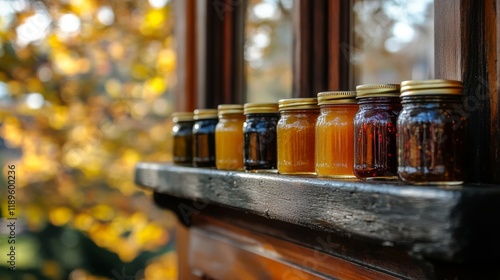 Jars of colorful fruit preserves displayed on wooden board in natural setting...