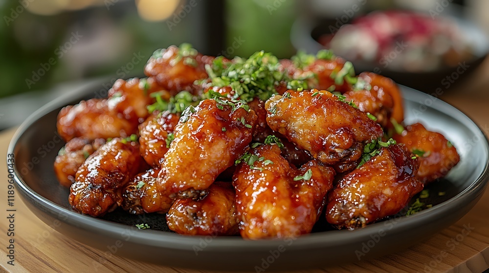 Close-up of a plate of delicious, glazed chicken wings garnished with fresh herbs. Close-up of a plate of delicious, glazed chicken wings garnished with fresh herbs.