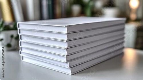 Stacked books with colorful covers resting on a white table in a cozy reading...