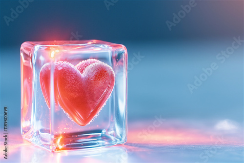 heart sClose-up of red heart enclosed in transparent ice cube, softly glowing with warm and cold tones, symbolizing frozen heart. Blue background with copy spacehaped ice cube