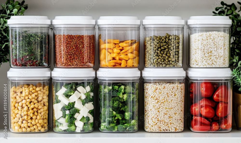 Organized pantry with clear containers holding various grains, legumes, and vegetables Organized pantry with clear containers holding various grains, legumes, and vegetables