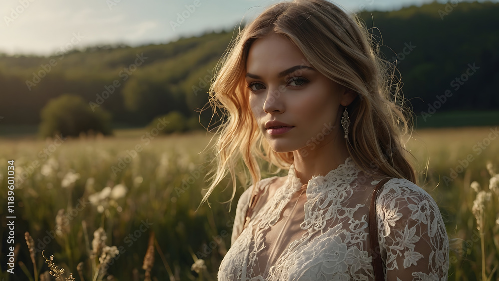 Woman posing gracefully in a sunlit field surrounded by tall grass and trees during golden hour Woman posing gracefully in a sunlit field surrounded by tall grass and trees during golden hour