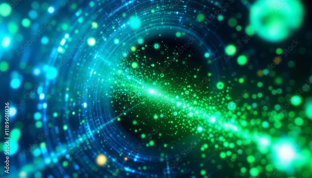 Abstract Digital Vortex with Green and Blue Light Particles and Concentric Lines