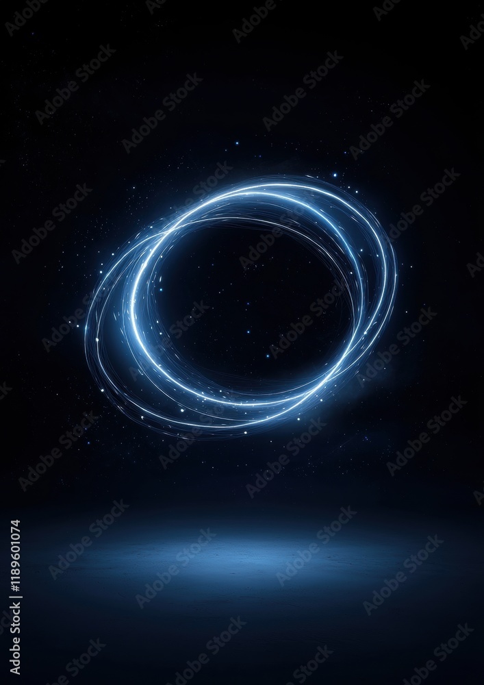 Fototapeta premium Digital art piece that appears to be a digital illustration of a ring of light. the ring is made up of multiple thin, curved lines that are glowing blue in color.