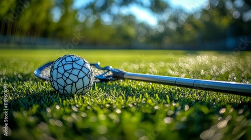 Lacrosse ball and stick resting on dew-covered grass at sunset in a vibrant f...
