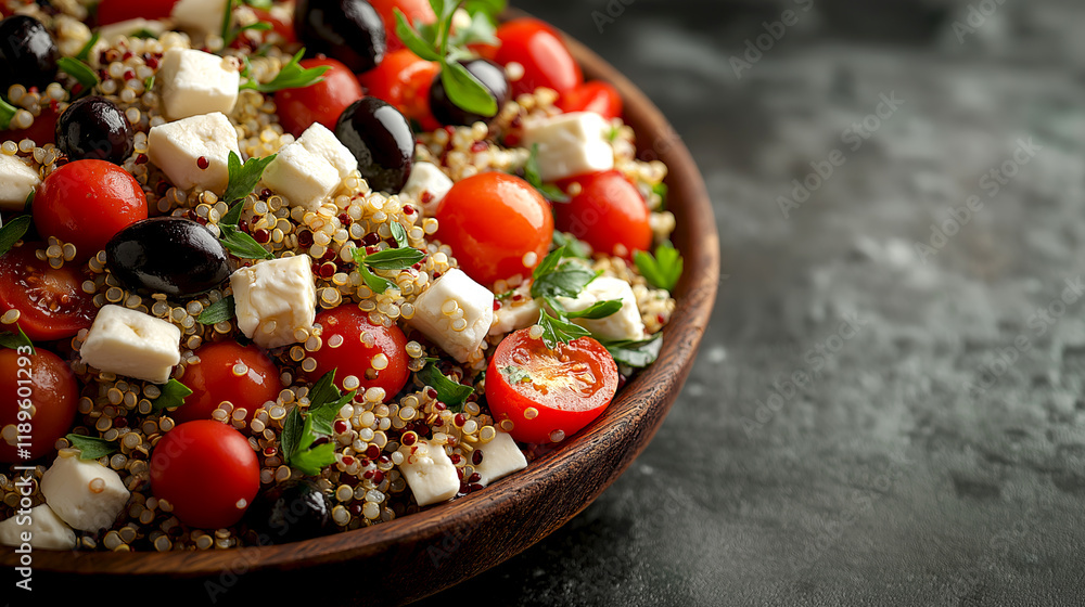 Colorful quinoa salad with cherry tomatoes, olives, and feta served in rustic wooden bowl on dark background with copy space. Fresh summer meal, spring salad, healthy summer dish for picnic, barbecue Colorful quinoa salad with cherry tomatoes, olives, and feta served in rustic wooden bowl on dark background with copy space. Fresh summer meal, spring salad, healthy summer dish for picnic, barbecue