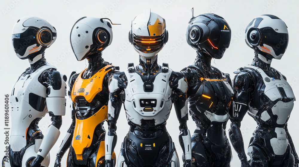 Group of futuristic humanoid robots with sleek mechanical designs and vibrant orange and white accents, showcasing advanced technology and innovation in a structured formation Group of futuristic humanoid robots with sleek mechanical designs and vibrant orange and white accents, showcasing advanced technology and innovation in a structured formation