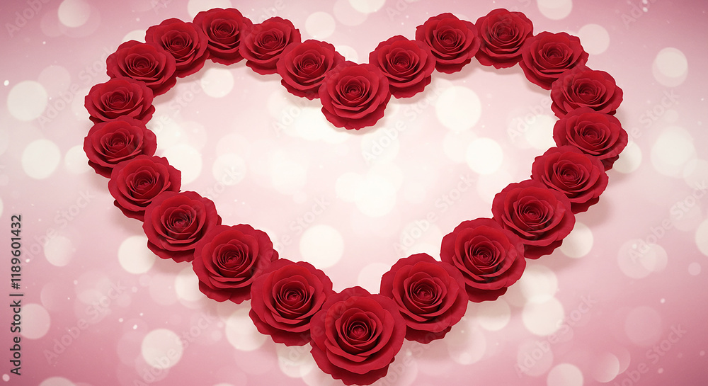Obraz premium Romantic Red Roses Forming a Heart Shape on a Pink Bokeh Background Perfect for Valentine s Day or