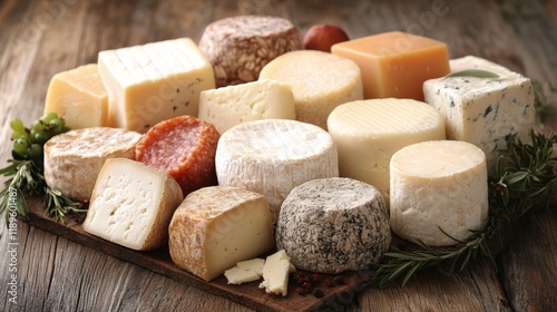 Selection of artisan cheeses displayed with fresh berries and greens in rusti...