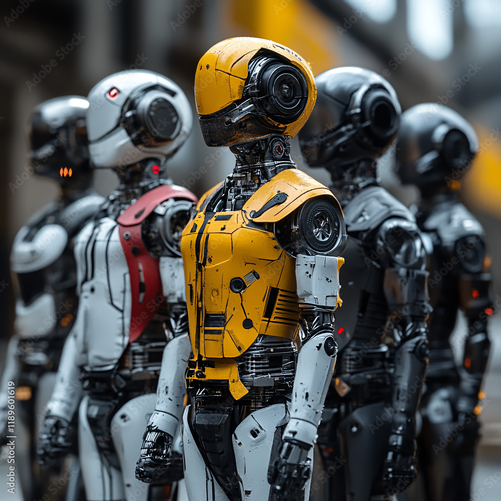 Group of futuristic humanoid robots with sleek mechanical designs and vibrant orange and white accents, showcasing advanced technology and innovation in a structured formation Group of futuristic humanoid robots with sleek mechanical designs and vibrant orange and white accents, showcasing advanced technology and innovation in a structured formation