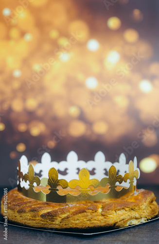 Fresh almond royal galette with crown on table with bokeh. photo