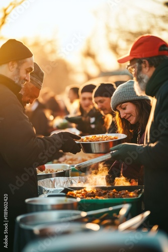 People in winter clothes receive food from a large metal serving pan outdoors at sunset