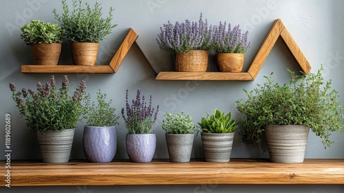 Vibrant indoor plant arrangement with wooden shelves and various herbs and fl...
