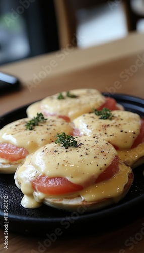 Close-up of delicious eggs benedict with melted cheese and tomato on toasted bread. photo