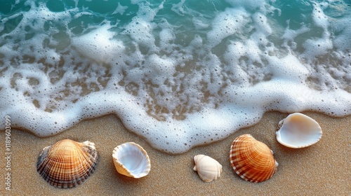 Creamy texture with seashells arranged on a smooth surface inspired by a beac...