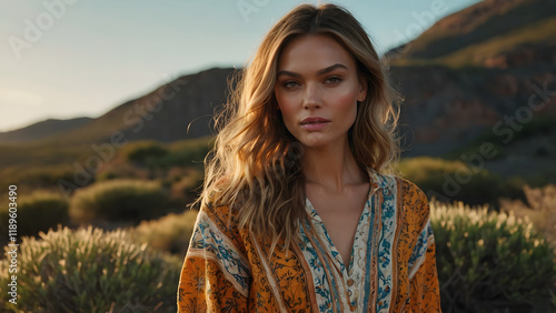 Woman posing gracefully in an outdoor landscape with mountains in the background during golden hour