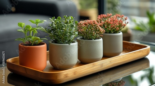 Indoor plant arrangement on wooden tray with succulents and greenery in moder...