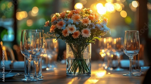 Beautiful dining table set with glassware and tropical leaves during sunset i...