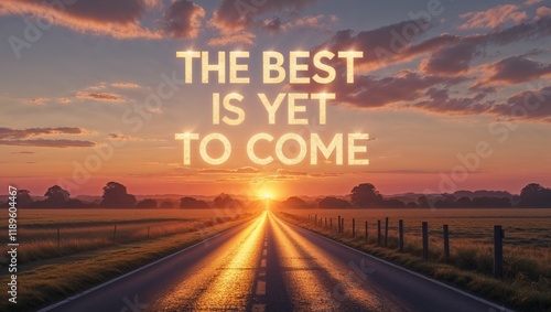 Sunrise road with inspiring quote on horizon, The best is yet to come