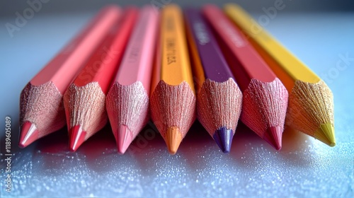 Collection of colored pencils arranged in a row with vibrant tips on a smooth...